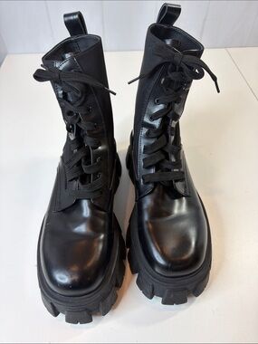 Prada Black Leather & Nylon Lug Sole Platform Combat Boots EU 38 Made in Italy